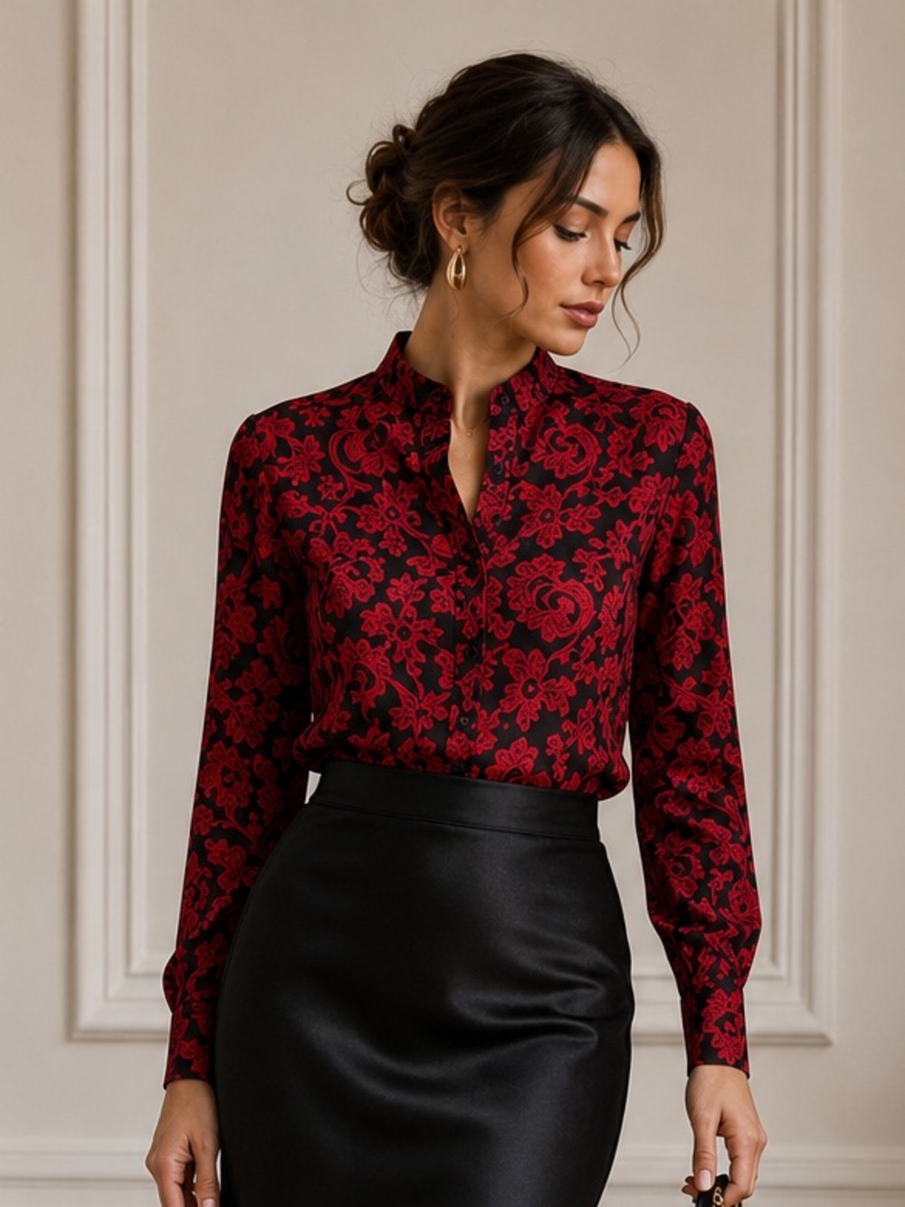 Vintage Romantic Red & Black Damask Blouse - Med